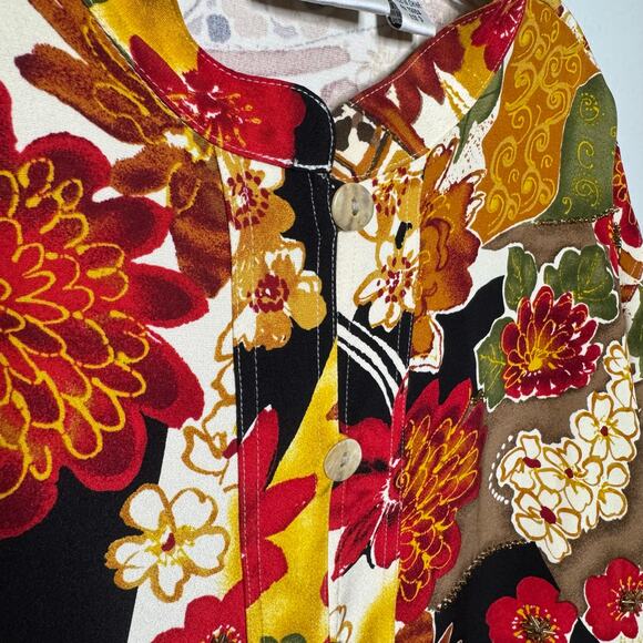 Chico’s Design Silk Blouse Size 3 (XL)Vintage Floral Embellished Shirt Boho - Picture 6 of 11